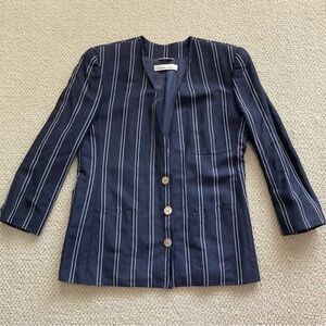 Dana Buchman Linen Blend Striped Women’s V-Neck Blazer Size 12 Blue White EUC